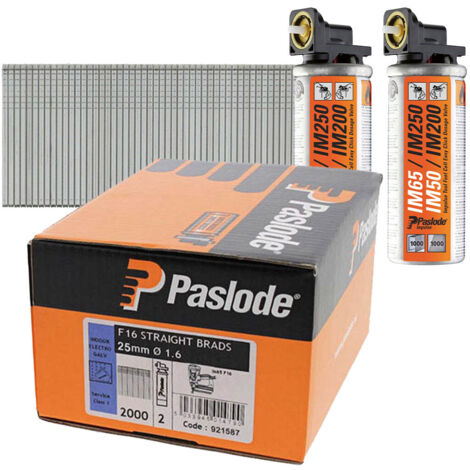 Paslode PAS921587 16-Gauge Straight Brad Nails and Gas Nailer Kit – 25mm Galvanized F16 Nails for IM65, Includes 2000 Nails and 2 Fuel Cells (1/3)