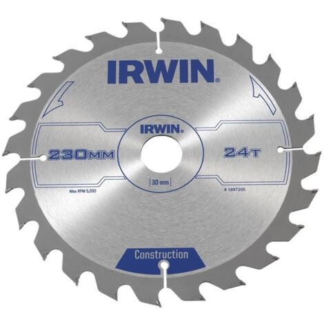 IRWIN IRW1897205 230mm x 30mm Circular Saw Blade with 24 Teeth and ATB Tooth Grind for Construction and Carpentry (1/3)