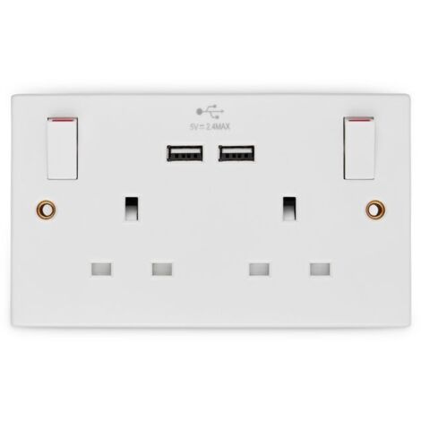 Dencon 2-Gang 13A Socket with 2 USB Ports - White Plastic (1/5)
