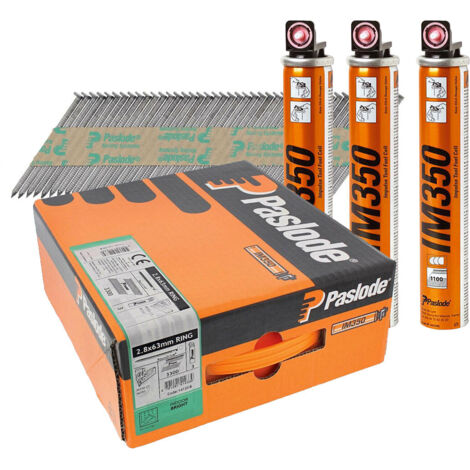 Paslode 2.8 x 63mm IM350+ Ring Shank Nails Bright Finish Box of 3300 + 3 Fuel Ce
