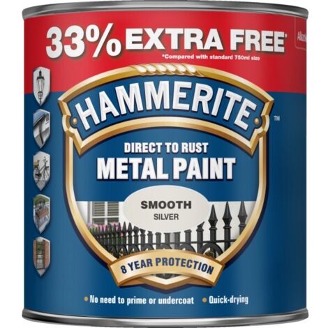 Hammerite 5158234 Direct to Rust Smooth Finish Metal Paint Silver 750ml + 33% HMMSFS750AV