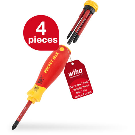 Wiha screwdriver set mixed PocketMax electric 4 pcs. with stowable bit set (45296) I screwdriver set with bit magazine of slimBits for electricians I slotted / Phillips / PlusMinus