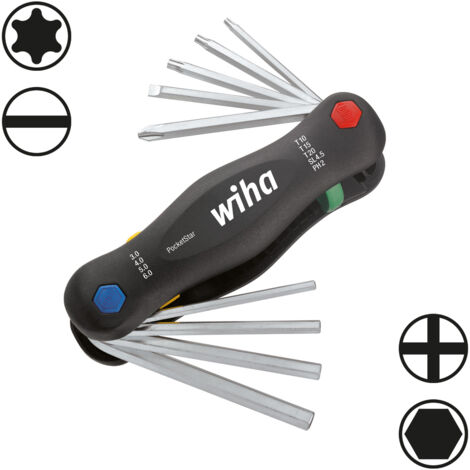 Wiha Multitool PocketStar® internal hexagon, slotted Phillips, TORX 9 pcs., quick access at the push of a button, can be used as long handle and T-handle, all-in-one tool (25293)