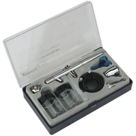 Sealey air brush kit – Metal body with suction bottle or thimble feed – 0.35mm nozzle – Includes 22cc glass pots and 1.6m hose (1/2)