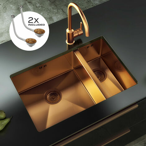 Copper 1.5 Bowl Inset or Undermounted Stainless Steel Kitchen Sink & Wastes - Copper