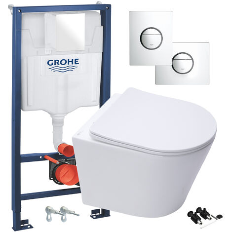 ECO Rimless Wall Hung Toilet Pan, Seat & GROHE Concealed Cistern Frame WC Unit
