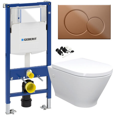ECO Rimless Toilet Pan, Seat & GEBERIT Concealed Cistern Frame WC Unit - Gloss Brass Flush Plate