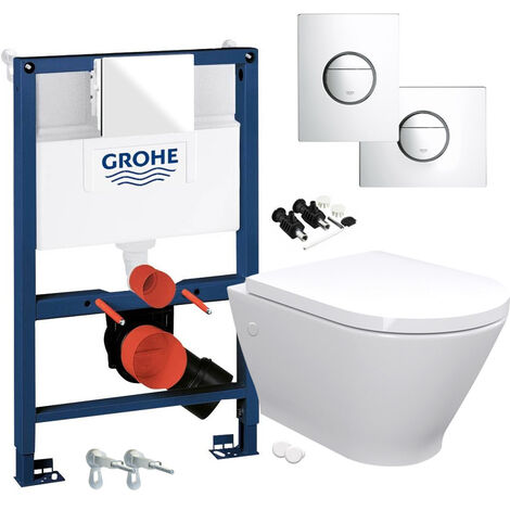 RAK Resort Wall Hung Toilet Rimless Pan & Seat, GROHE RAPID NOVA 0.82m SL 3 in 1 WC FRAME - Includes Shiny Chrome Flush Plate