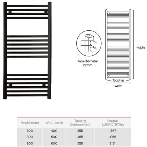 800mm x 500mm Straight Heated Towel Rail Ladder Radiator - Matt Black
