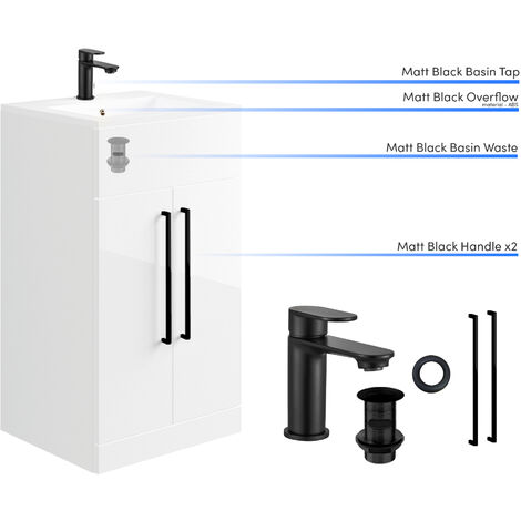 500mm Gloss White Bathroom Vanity Unit Cabinet Basin Sink & Matt Black Accessory Set
