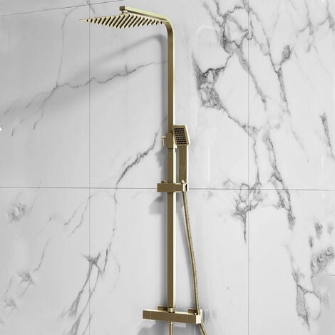 Brushed Brass Square Overhead Thermostatic Rigid Riser Shower Kit Adjustable Height