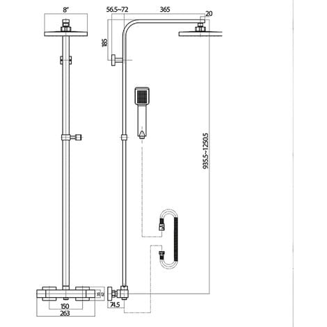 Brushed Brass Square Overhead Thermostatic Rigid Riser Shower Kit Adjustable Height