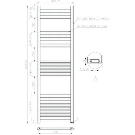 1600mm x 500mm Straight Heated Towel Rail Ladder Radiator - Matt Black