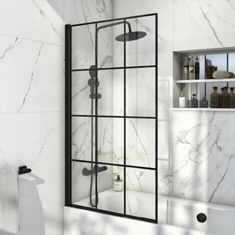 Bath Shower Over Bath Screen 780mm Framed Black Grid Square Safety Glass Panel (1/2)