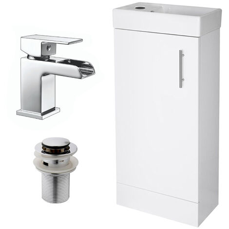 400mm Bathroom Basin Sink Vanity Unit Furniture Waterfall Mixer Tap FREE Waste - White (1/3)