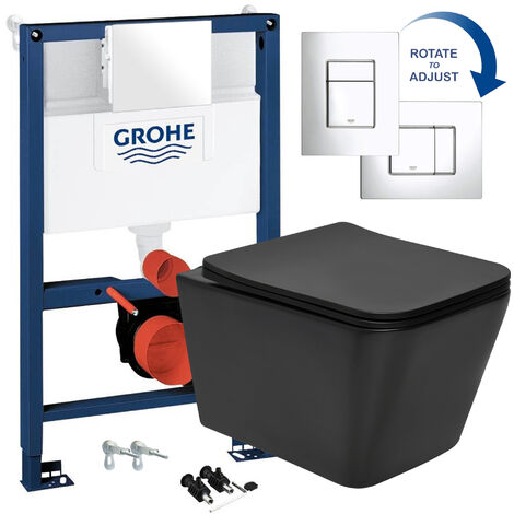 Black Square Hidden Fixation Rimless Wall Hung Toilet Pan & GROHE 0.82m Concealed WC Cistern Frame