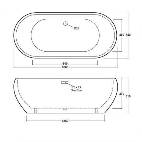 Synergy Pebble 1660mm Modern Double Ended Bath