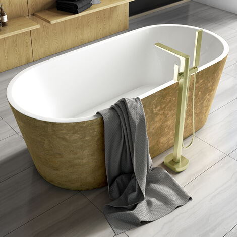 Luxury 1800x820 Gold Freestanding Bathtub with Brushed Brass Mixer Tap Set (1/4)