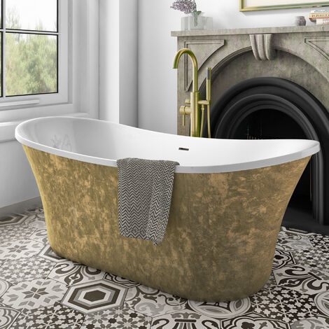 Luxury 1695x750 Gold Freestanding Bathtub with Brushed Brass Mixer Tap Set (1/4)