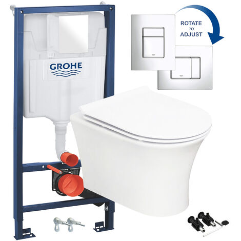 D Shape Rimless Wall Hung Toilet with GROHE 1.13m Concealed Cistern Frame & Flush Plate
