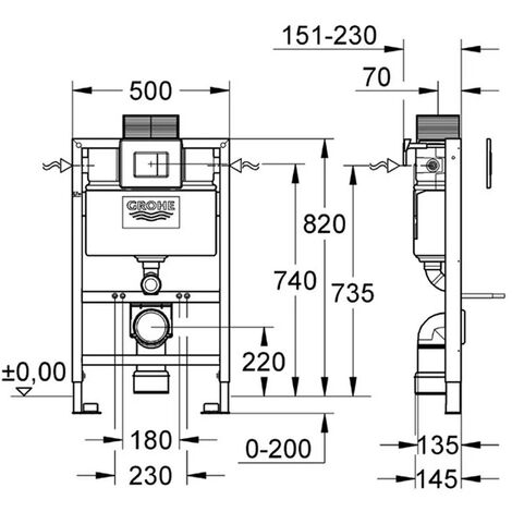 D Shape Rimless Wall Hung Toilet with GROHE 0.82m Low Height Concealed Cistern Frame & Flush Plate