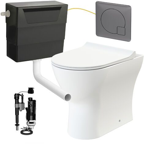 Rimless D Shape Back to Wall Toilet Pan with Soft Close Seat & Concealed Cistern Gun Metal Plate Button