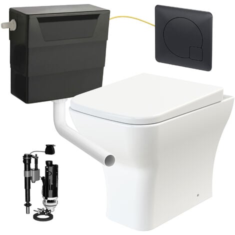 Square Rimless Back to Wall Toilet Pan with Soft Close Seat & Concealed Cistern Black Plate Button