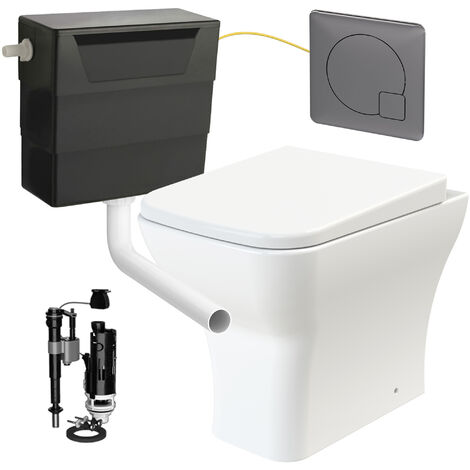 Square Rimless Back to Wall Toilet Pan with Soft Close Seat & Concealed Cistern Gun Metal Plate Button
