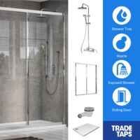 Bleu Sliding Chrome Door, Tray, Waste & Trisen Square Shower Set 1000 x 800mm