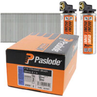 Paslode PAS921587 16-Gauge Straight Brad Nails and Gas Nailer Kit – 25mm Galvanized F16 Nails for IM65, Includes 2000 Nails and 2 Fuel Cells