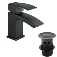 Black Matt Basin Sink Bathroom Luxury Waterfall & Bath Filler Tap Set - Matt Black