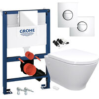 RAK Resort Wall Hung Toilet Rimless Pan & Seat, GROHE RAPID NOVA 0.82m SL 3 in 1 WC FRAME - Includes Shiny Chrome Flush Plate