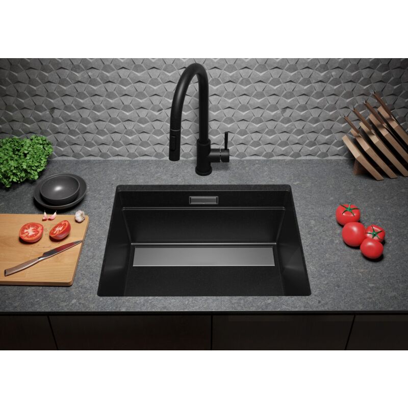 Évier Cusine en Granit Gris 56x47 cm, Lavabo Cuisine 1 Bac + Kit de Vidage  + Robinet, Évier au meuble 60cm, Évier à Encastrer de Primagran