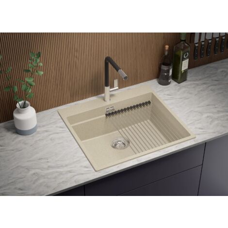 Evier Cuisine en Granit 58 x 53 cm Lavabo 1 bac + Siphon Classique, Évier à Encastrer de Primagran, Beige