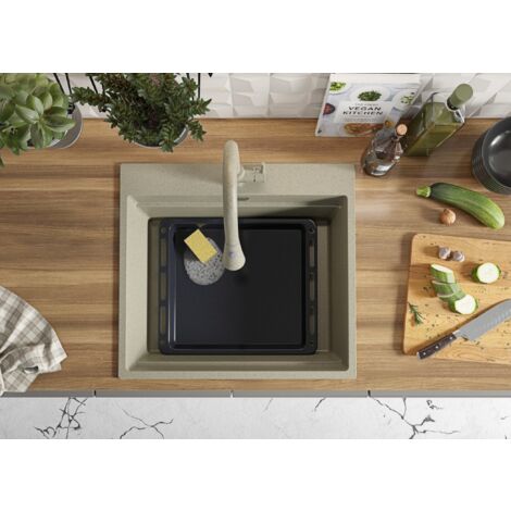 Evier Cuisine en Granit 58 x 53 cm Lavabo 1 bac + Siphon Classique, Évier à Encastrer de Primagran, Beige