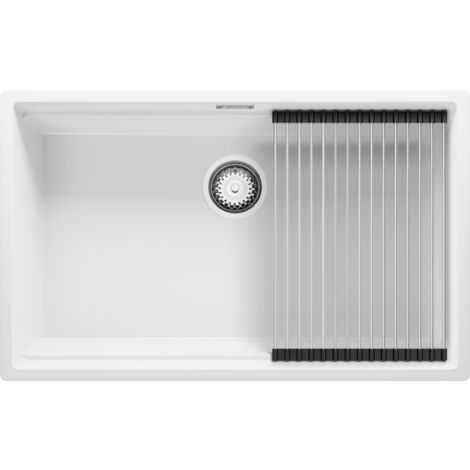 PRIMAGRAN Evier Cuisine en Granit 76x47cm, Lavabo 1 bac + Kit de Vidage + Égouttoir Enroulable, Évier à Encastrer au meuble 80cm - Prague Slim, Blanc