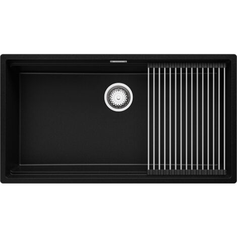 PRIMAGRAN Evier Cuisine en Granit 86x47cm, Lavabo 1 bac + Kit de Vidage + Égouttoir Enroulable, Évier à Encastrer au meuble 90cm - Prague Slim, Noir (1/5)
