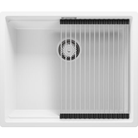 PRIMAGRAN Evier Cuisine en Granit 56x47cm, Lavabo 1 bac + Kit de Vidage + Égouttoir Enroulable, Évier à Encastrer au meuble 60cm - Prague Slim, Blanc (1/5)