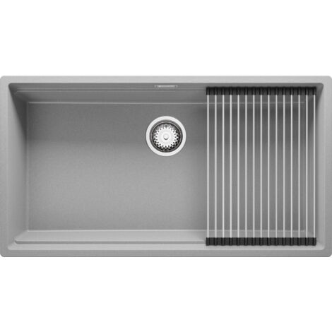 PRIMAGRAN Evier Cuisine en Granit 86x47cm, Lavabo 1 bac + Kit de Vidage + Égouttoir Enroulable, Évier à Encastrer au meuble 90cm - Prague Slim, Gris (1/5)