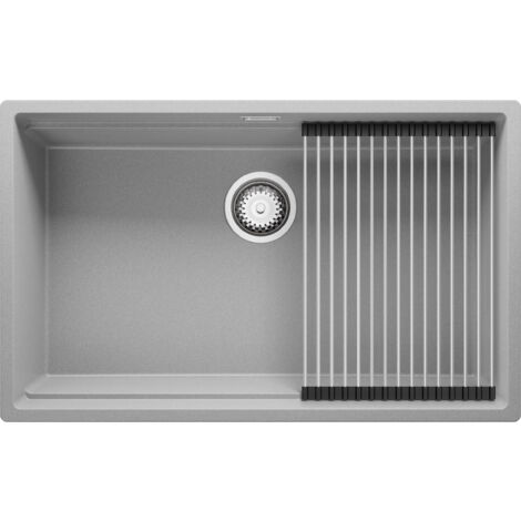 Evier Cuisine en Granit 76x47 cm Lavabo 1 bac + Siphon Classique + égouttoir enroulable, Évier à Encastrer de Primagran, Gris
