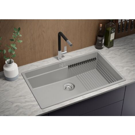 Evier Cuisine en Granit 76x47 cm Lavabo 1 bac + Siphon Classique + égouttoir enroulable, Évier à Encastrer de Primagran, Gris
