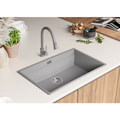 Evier Cuisine en Granit 76x47 cm Lavabo 1 bac + Siphon Classique + égouttoir enroulable, Évier à Encastrer de Primagran, Gris