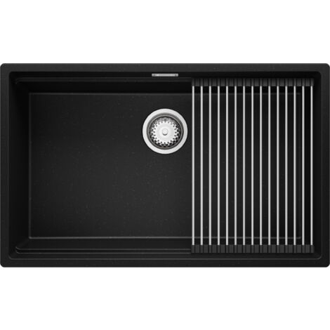 PRIMAGRAN Evier Sous Plan 76x47cm, Evier en Granit 1 bac + Kit de Vidage + Égouttoir Enroulable, Évier au meuble 80cm - Prague, Noir Métallisé