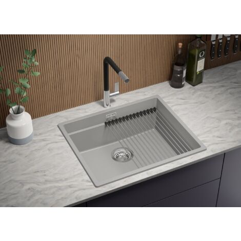 Evier Cuisine en Granit 56 x 47 cm Lavabo 1 bac + Siphon Classique, Évier à Encastrer de Primagran, Gris