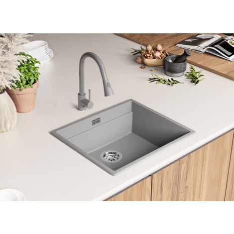 Evier Cuisine en Granit 56 x 47 cm Lavabo 1 bac + Siphon Classique, Évier à Encastrer de Primagran, Gris