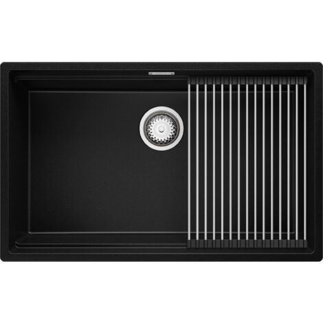 PRIMAGRAN Evier Cuisine en Granit 76x47cm, Lavabo 1 bac + Kit de Vidage + Égouttoir Enroulable, Évier à Encastrer au meuble 80cm - Prague Slim, Noir (1/5)
