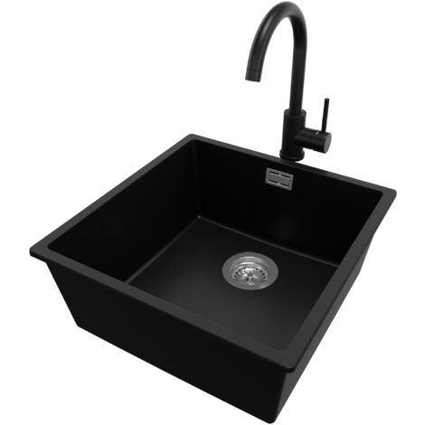 PRIMAGRAN Evier Sous Plan 46x47cm, Evier en Granit 1 bac + Robinet 32x20cm + Kit de Vidage, Évier au meuble 50cm - London, Noir (1/5)