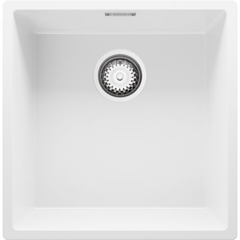 PRIMAGRAN Evier Cuisine en Granit 46x47cm, Lavabo 1 bac + Kit de Vidage, Évier à Encastrer au meuble 50cm - London Slim, Blanc (1/5)