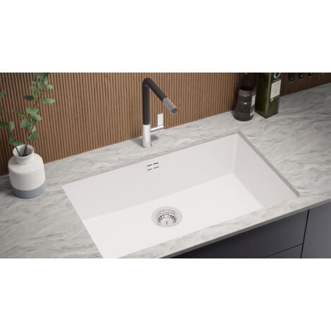 PRIMAGRAN Evier Sous Plan 76x47cm, Evier en Granit 1 bac + Kit de Vidage, Évier au meuble 80cm - London, Blanc
