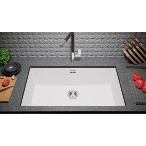 PRIMAGRAN Evier Sous Plan 76x47cm, Evier en Granit 1 bac + Kit de Vidage, Évier au meuble 80cm - London, Blanc